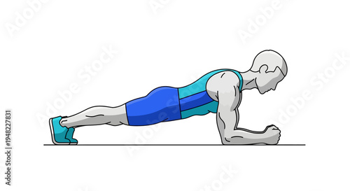 A man in a plank position with dumbbells nearby, wearing a blue vest and shorts, on a clean white background, conveying a strong and healthy physique through fitness training