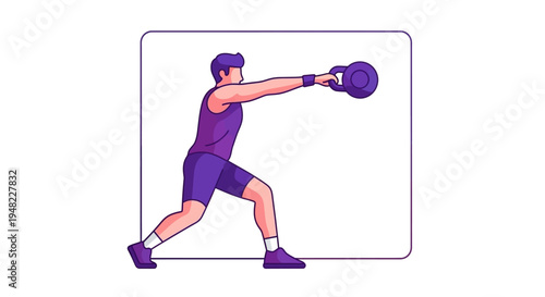 A man in a purple outfit performing a dynamic strength training exercise with a kettlebell in a fitness setting