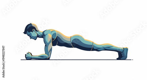 A man performs a plank exercise with a blue and yellow muscular illustration on a white background