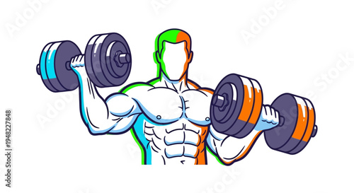 Vector illustration of a muscular man lifting dumbbells in a fitness training setting with a bold and colorful design