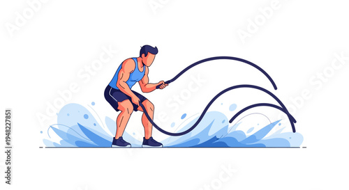A man engages in fitness training with battle ropes in a dynamic sports warm-up session
