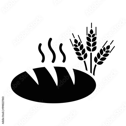 Bread with wheat stalks and steam rising from it, symbolizing freshly baked goodness