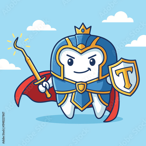 This playful tooth character features a superhero theme, complete with a cape and shield, making dental care fun and engaging for children and promoting oral hygiene.
