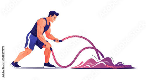An athletic man performs a dynamic battle rope exercise in a gym with a focused expression and a strong physique