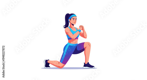 A woman in athletic wear performs a lunge exercise with dumbbells in a dynamic fitness illustration