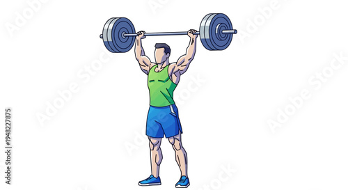 Illustration of a muscular man lifting a barbell with weights in a dynamic sports pose, showcasing strength and fitness with a bold color scheme