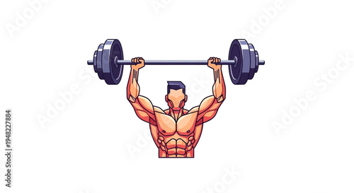 Illustration of a muscular man lifting a barbell with weights in a dynamic sports pose conveying strength and power