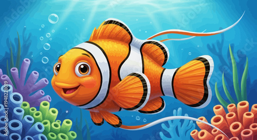 Cute Clownfish Swimming Underwater, Coral Reef, Ocean Life, Cartoon Style