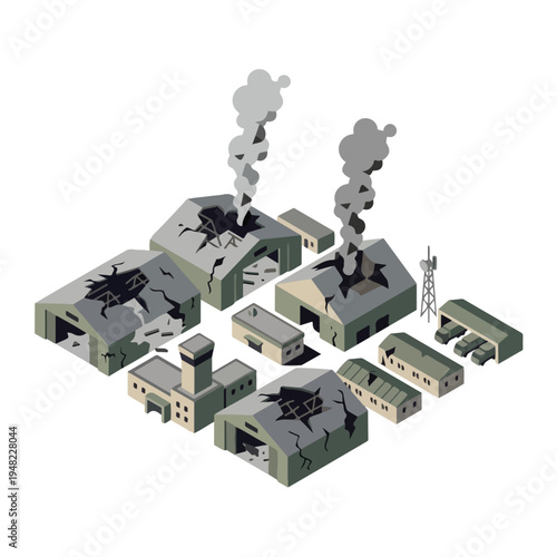 Schilderij op canvas isometric vector illustration of a military base damaged by a missile attack 05