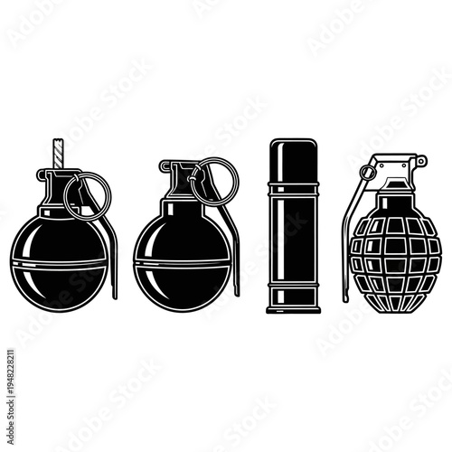 Four different types of vintage grenades and canister designs in black and white illustration
