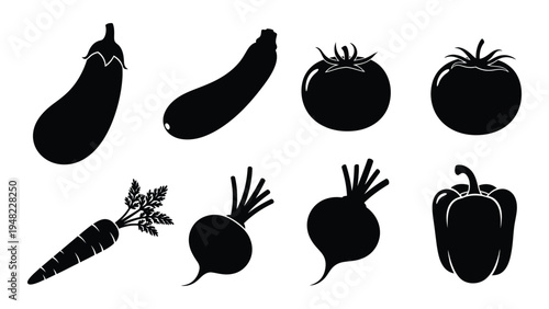 A collection of various vegetable silhouettes including eggplant, zucchini, tomatoes, carrot, beets, and bell pepper on a white background