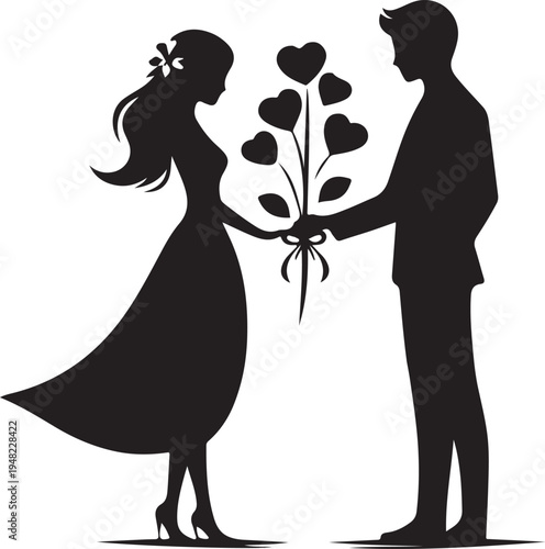 A couple sharing a bouquet of heart-shaped flowers in a silhouette style Vector, illustration