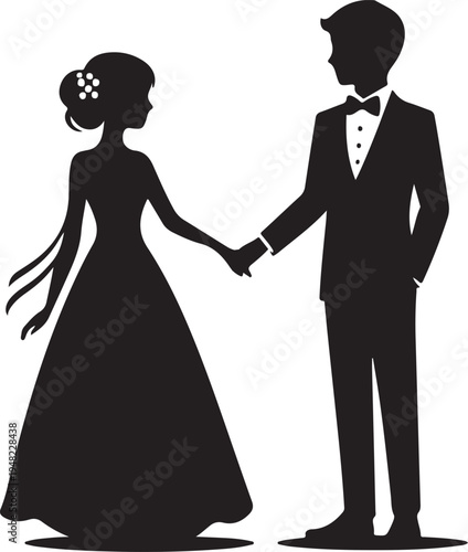 Elegant couple holding hands in formal wedding attire illustration Vector, illustration