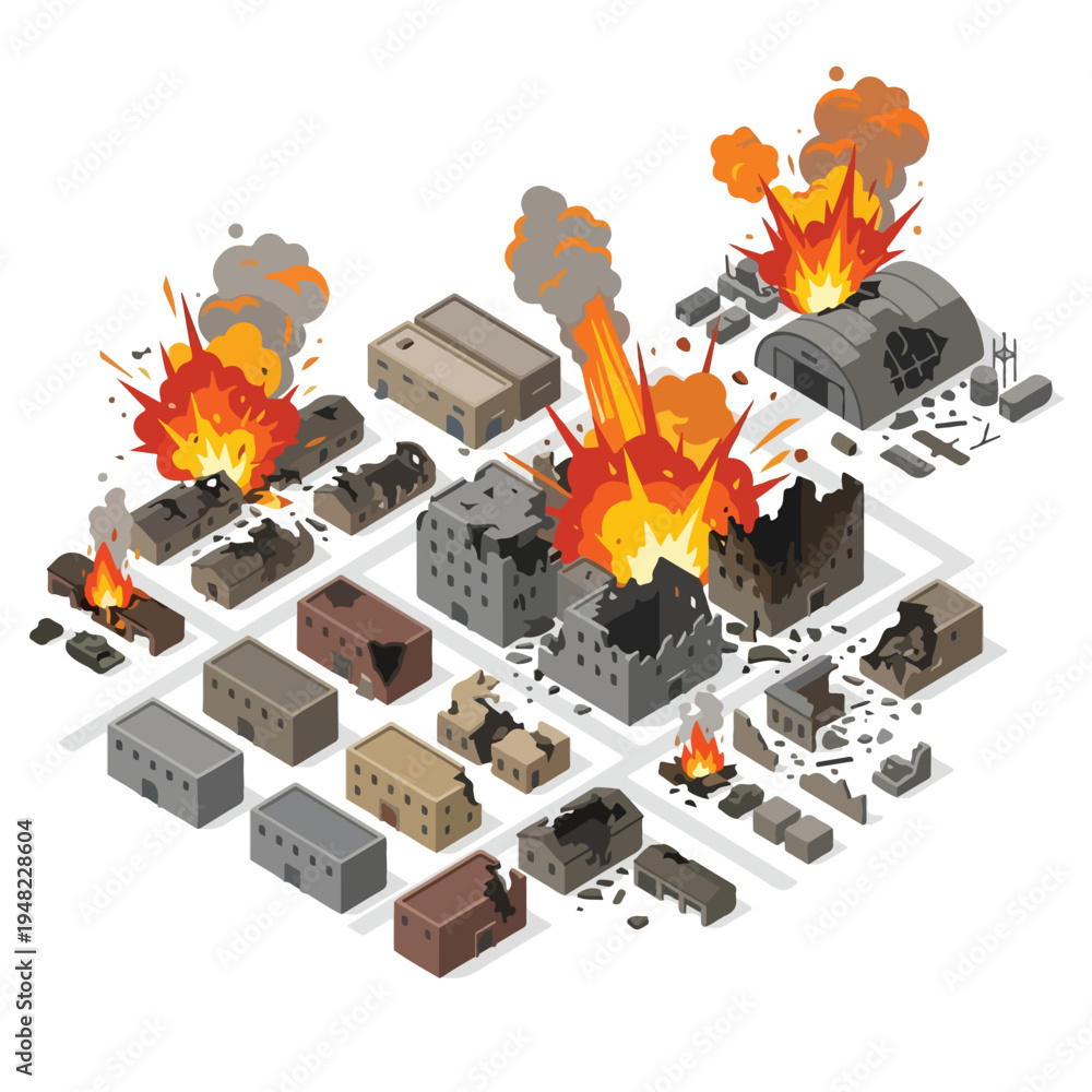 Obraz premium isometric vector illustration of a military base damaged by a missile attack 1