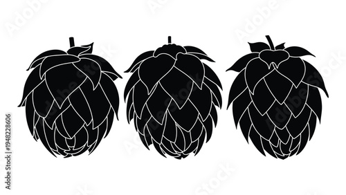 A detailed analysis of three black hops cones silhouette on white background used in beer brewing process with essential characteristics and features