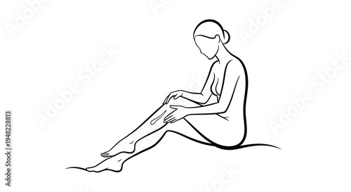 Woman applying lotion to her leg, simple line art