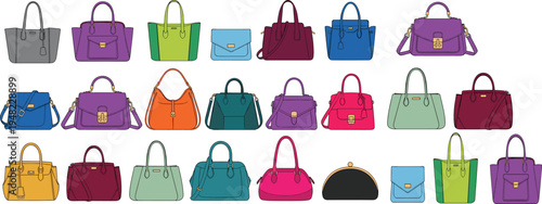 Fashion handbag collection set, colorful women purses tote shoulder bags accessories design, cad drawing flat vector illustration