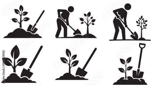Tree Planting Icon With Spade And Seedling — Minimal Black Solid Silhouette For Reforestation And Community Planting, Isolated On White