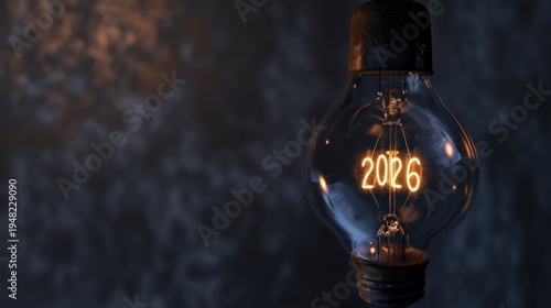 Illuminated Light Bulb with the Year 2026 Glowing Inside in Dark Background
