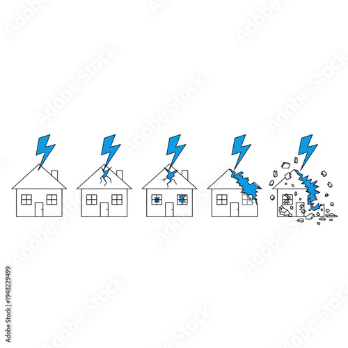 Sequence of a house progressively damaged by lightning strikes