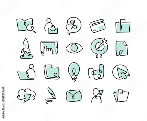 Business communication icon set designed for management workflow document organization finance support devices networks strategy security collaboration productivity monitoring navigation