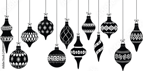 Black and white illustration of hanging christmas ornaments in various shapes and patterns