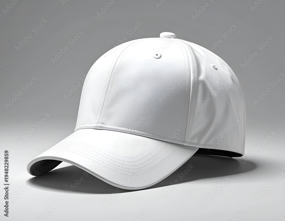 Fototapeta premium Plain white baseball cap on a neutral, softly lit background