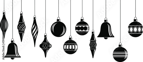 Black and white illustration of hanging christmas ornaments in various shapes and designs