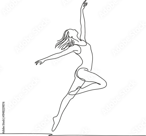 Woman in mid-jump with arms extended and long hair flowing mid-air