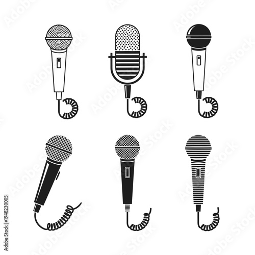 Six different styles of microphones illustrated in monochrome vector graphics