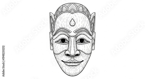 Detailed Line Art of a Traditional Mask with Intricate Details.