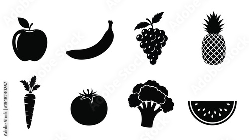 A collection of fruit and vegetable icons in black silhouette on a white background, featuring a variety of healthy food options for nutrition and wellness.