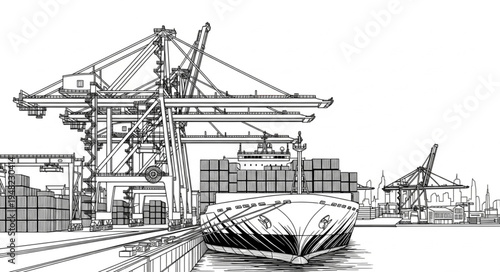 Detailed Sketch of a Busy Container Port with Cranes and Ships.