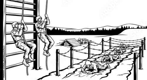 Military Obstacle Course Training - Soldiers Climbing and Crawling.