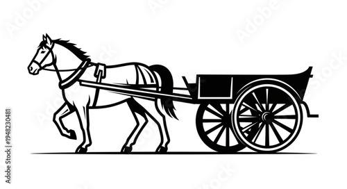 Horse-drawn cart with large wheels and a sturdy frame.