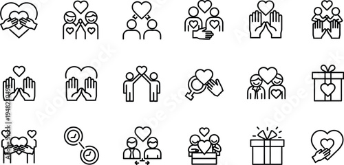 Collection of minimalist line art icons depicting love relationships and gift giving