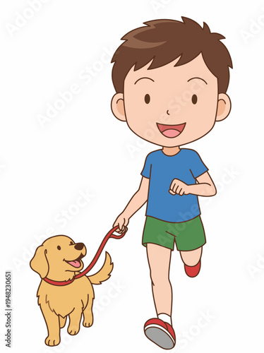 A cheerful young boy runs while happily walking his golden retriever. The scene captures the bond between a child and a pet in a vibrant and playful manner.