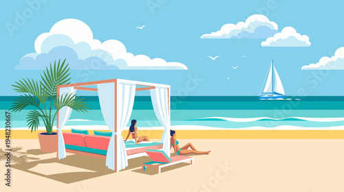 A picturesque beach scene featuring sun loungers, a canopy, and a stunning view of the ocean with a sailboat, encapsulating relaxation and a peaceful getaway vibe.