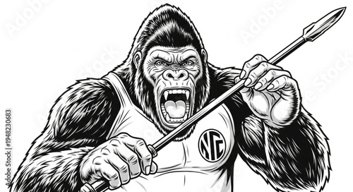Intense Gorilla Warrior Ready for Battle with Spear.