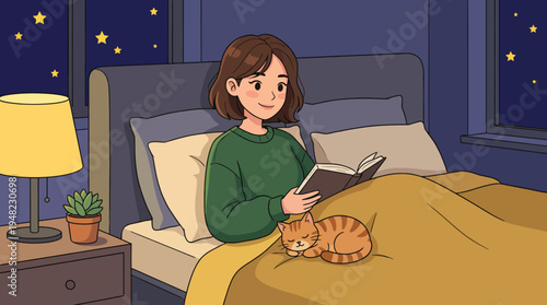 A warm and cozy illustration capturing a girl relaxing in bed with a book and her cat, exuding comfort and tranquility, perfect for evoking feelings of home.