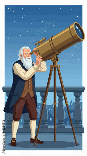 This image depicts a vintage-style illustration of an astronomer using a telescope, representing curiosity and exploration of the cosmos through ages.