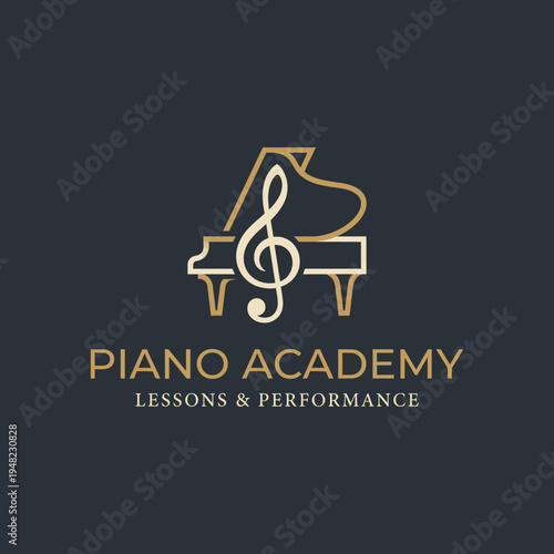 A sleek piano graphic combined with a musical note, representing a music academy focused on piano lessons and performance. Ideal for educational institutions in music.
