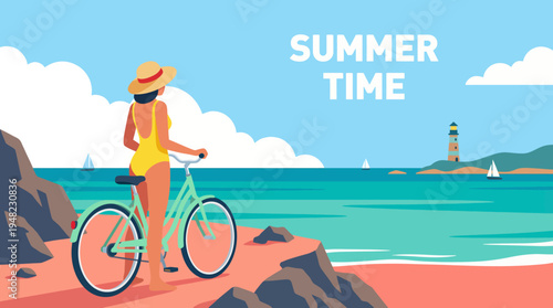 A cheerful illustration depicting a woman on a bike by the beach, evoking summer vibes and relaxation. Perfect for travel, lifestyle, or seasonal marketing.