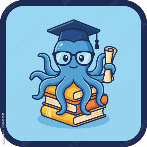 A charming illustration of a scholarly octopus, wearing glasses and a graduation cap, holding a diploma, epitomizing the joy of learning and achievement.