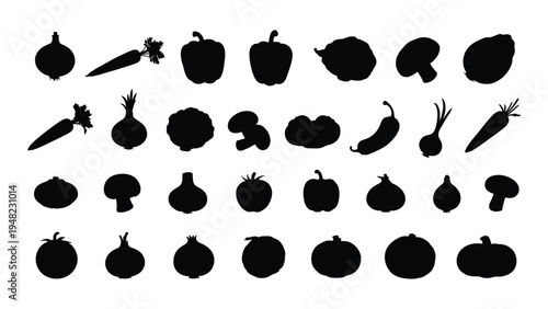 Collection of various vegetables and fruits in black silhouette on white background for healthy eating and nutrition concepts