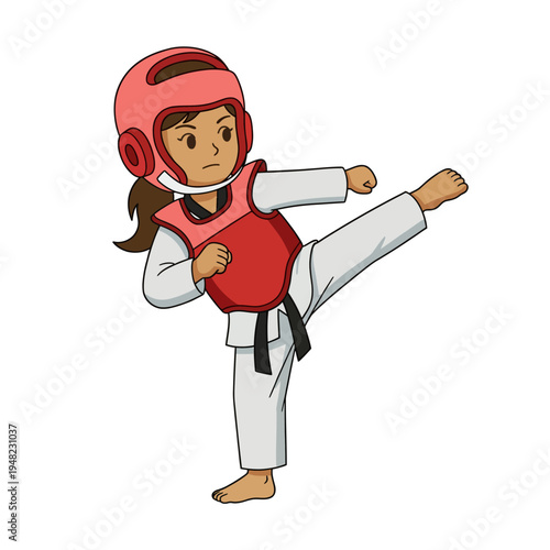 An energetic illustration of a young girl executing a karate kick while wearing protective gear, emphasizing empowerment, self-defense, and martial arts training for youth.