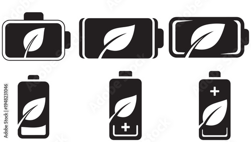 Battery With Leaf Symbol Indicating Clean Energy And Sustainable Storage — Minimal Black Solid Silhouette For Renewable Power And Grid Support, Isolated On White