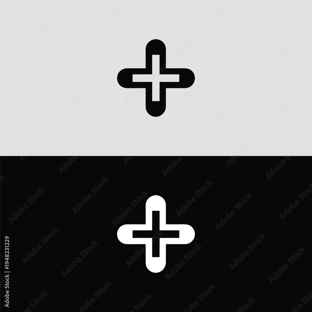 Fototapeta premium A clean and simple black and white outline cross symbol with smoothly rounded corners, presented on contrasting light and dark backgrounds.