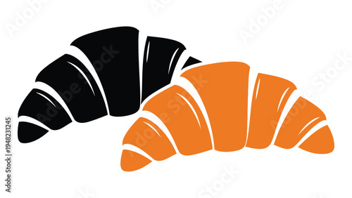 A stylized illustration of two croissants in black and orange hues on a white background, showcasing a popular flaky pastry often enjoyed for breakfast or as a snack