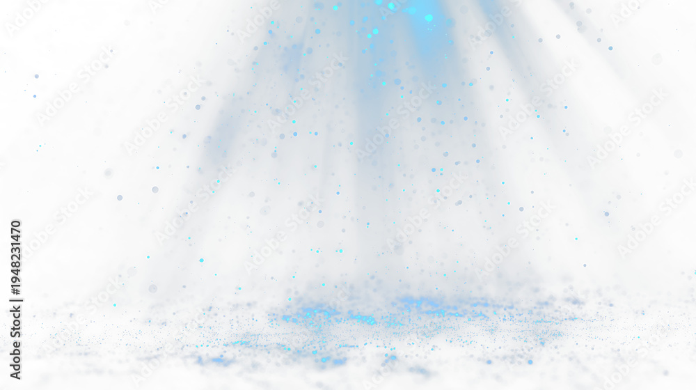 Fototapeta premium Bright blue particles float down in a transparent background setting during a digital artwork creation process